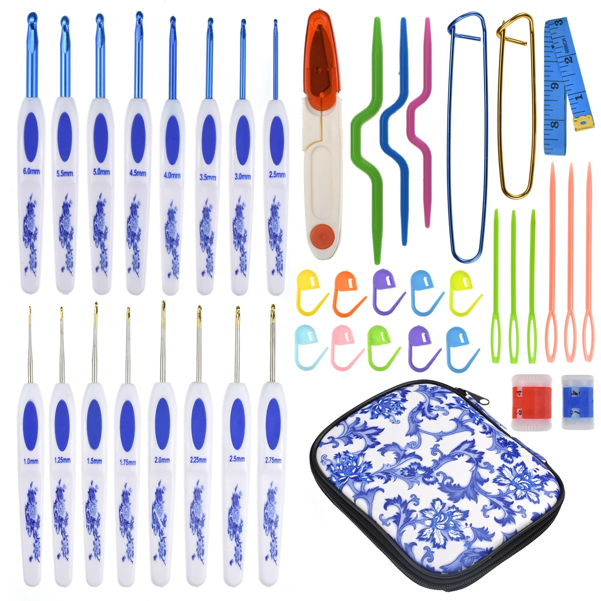 41 pieces per set. New-style Blue and White Porcelain Crochet Hook Storage Bag Set, DIY Hand-knitting Tools