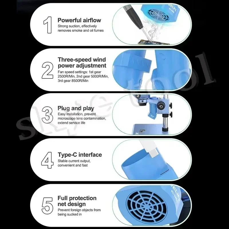 RELIFE RL-6600 Microscope Smoke Extractor Type-C Charging Interface Powerful Airflow Smoke Exhaust Fan Tool For Microscopes