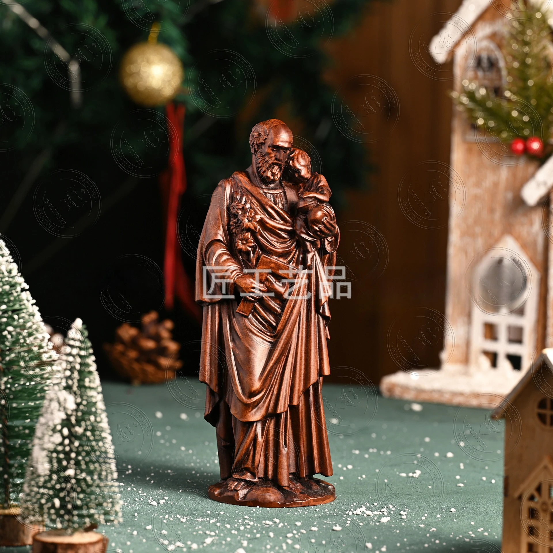 Wooden Joseph with Baby Jesus Statue, Christmas Nativity Desktop Decor, Handmade Wood Carving Cross-border Craft