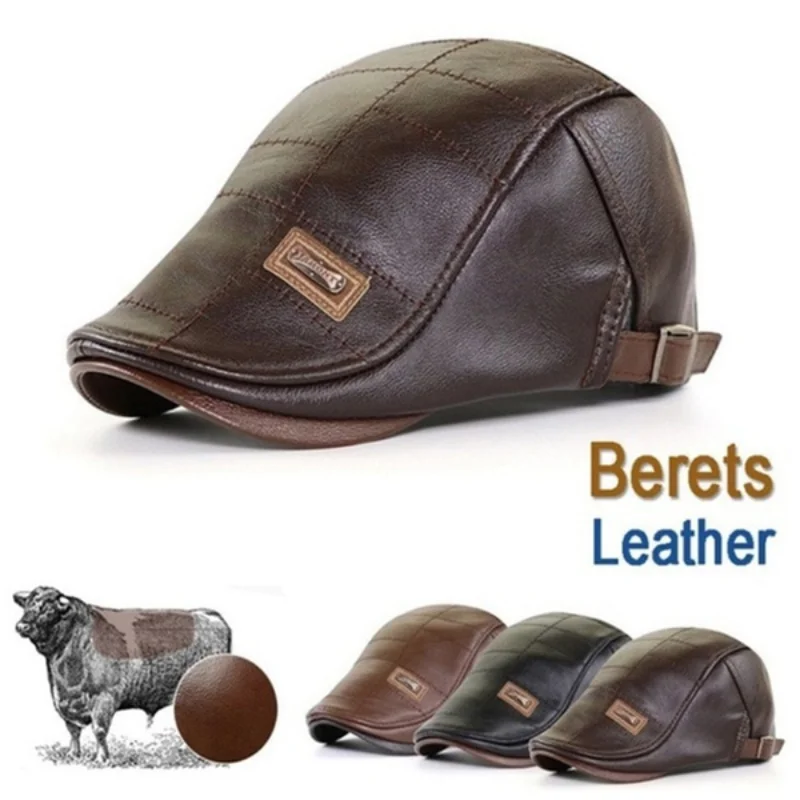 Men Fashion Retro PU Leather Beret Hats Autumn Winter Leather Beret Hat Middle-aged Men\'s Visor Warm Flat Peaked Cap Adjustable