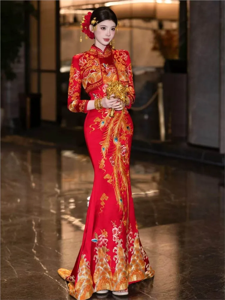 New Chinese-style cheongsam for brides wedding ceremony toasting dress gown dragon and phoenix