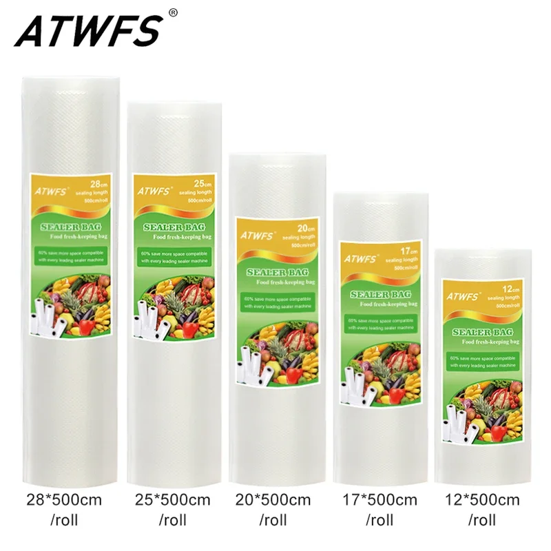 ATWFS Vacuum Packaging Rolls Vacuum Plastic Bag Storage Bags home Vacuum Sealer Food Saver 12+17+20+25+28cm*500cm 5 Rolls/Lot