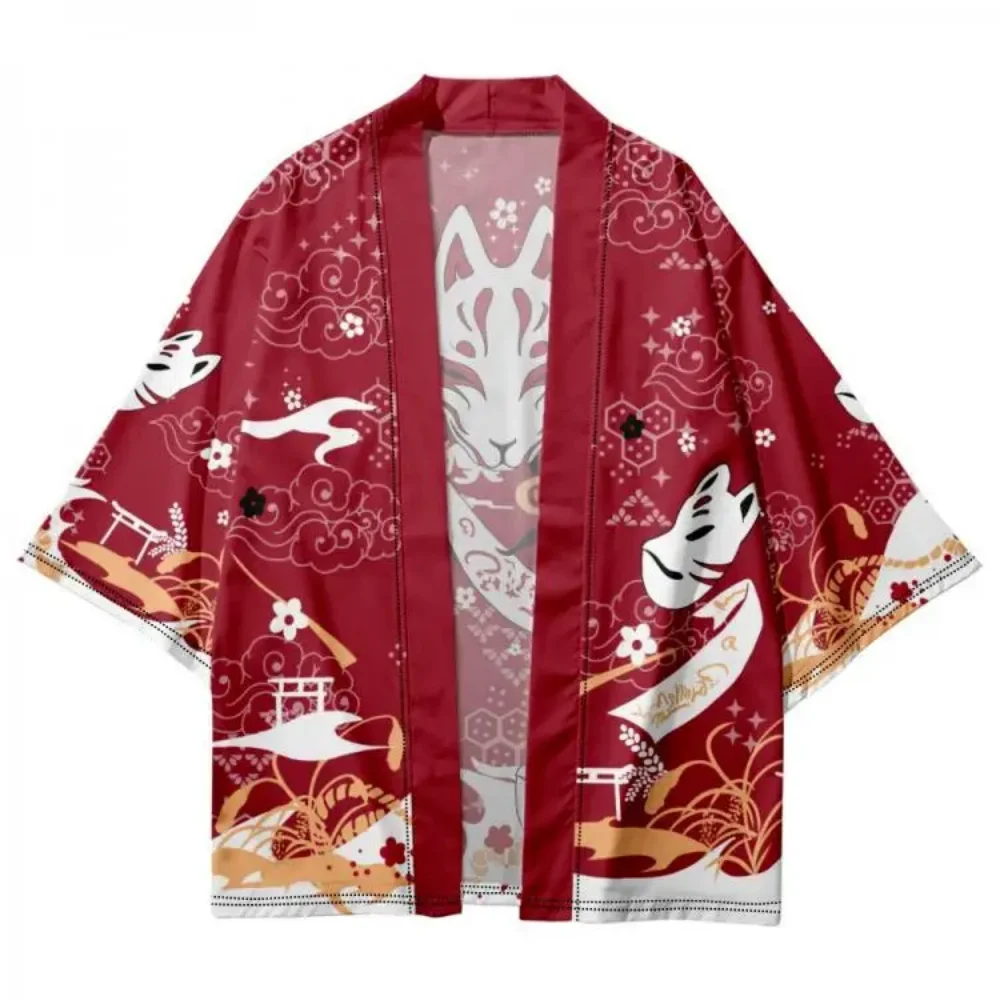 Japanese Sakura Inari Fox Kimono for Men and Women, Asian Clothes, Yukata Haori, Traditional Kimonos,  Fox Mask Print