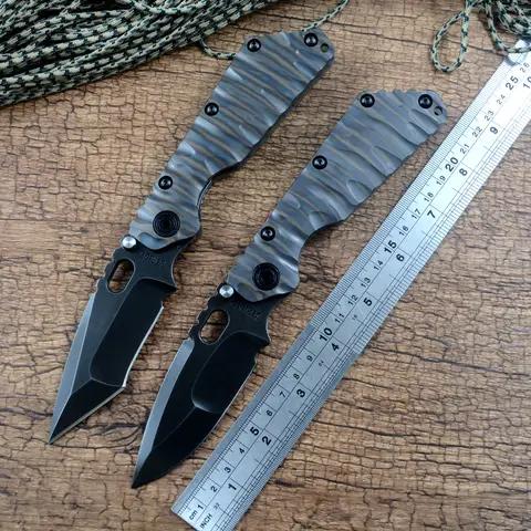 Y-START SMF Knife Folding Survival Flame Titanium Handle Brass Washer D2 Black Blade with Nylon Case