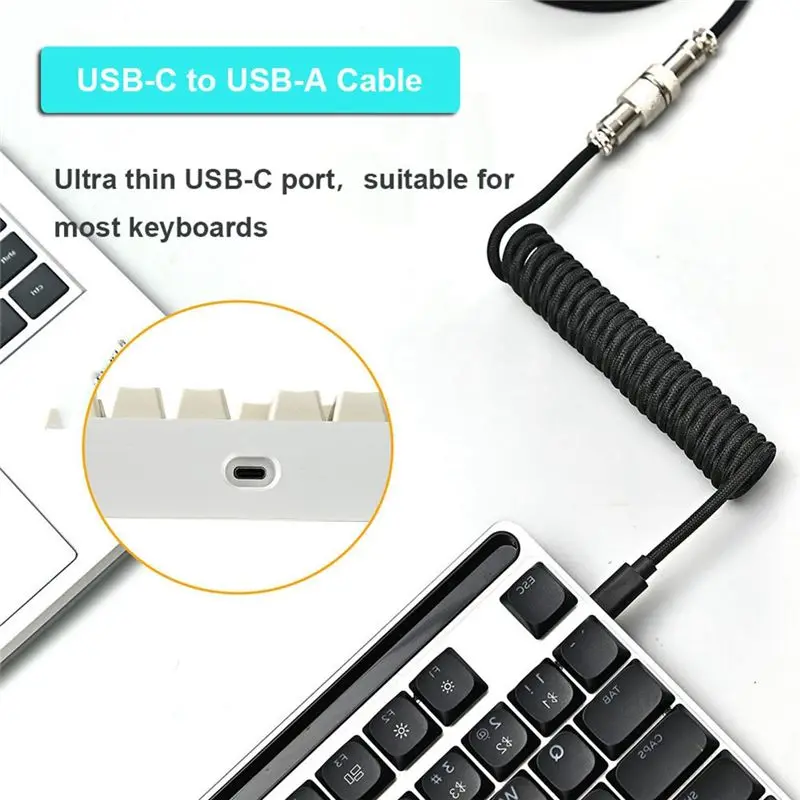 N34R-Coiled Cable Mechanical Keyboard Adapter USB For Desktop PC Type C Phone Charging Cord Aviation Connector Wire Blue