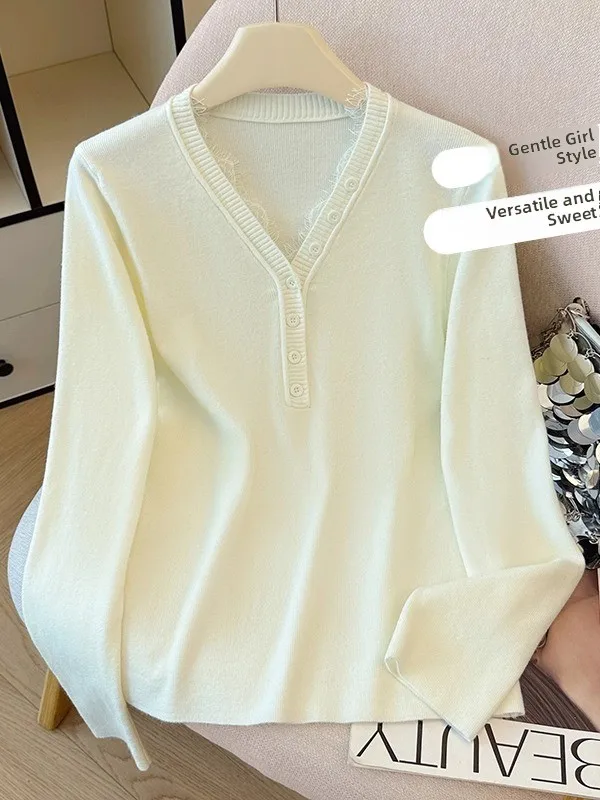 

French Style Long Sleeve V-Neck Lace Button Knitted Sweater Women's Autumn Winter Fashionable Base Shirt Versatile High-End Top