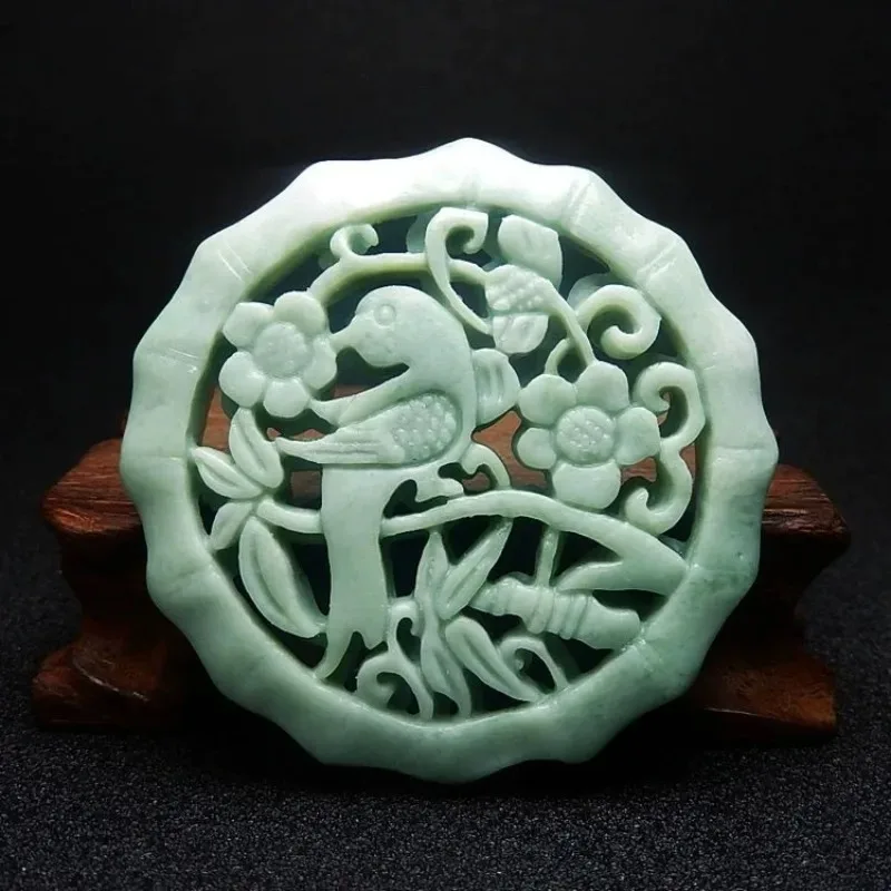 

Natural Bean Green Handmade Carved Plum Blossom Jade Pendant, Fashionable Boutique Jewelry, Men's and Women's Magpie Necklace