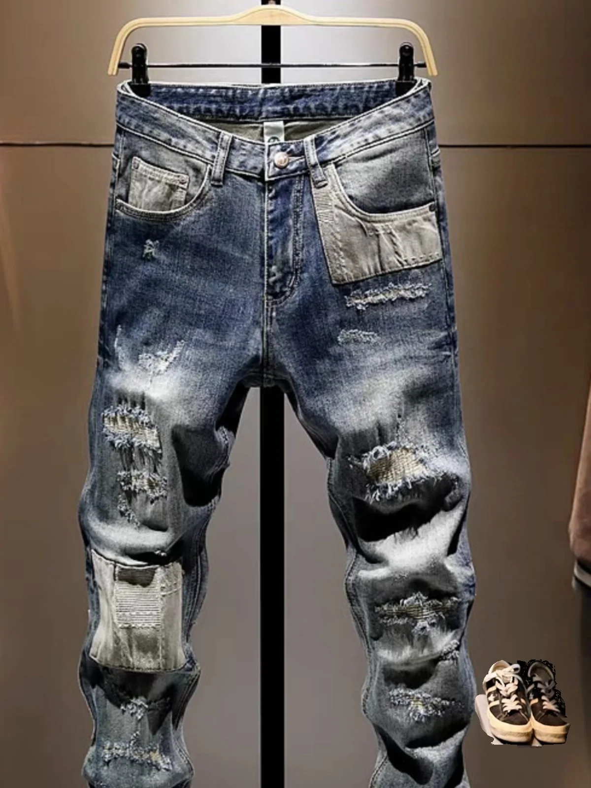 アメリカンレトロパッチワークホールデニムジーンズメンズトレンディブランドHaomeスリムフィット小足弾性ロングパンツ韓国版
