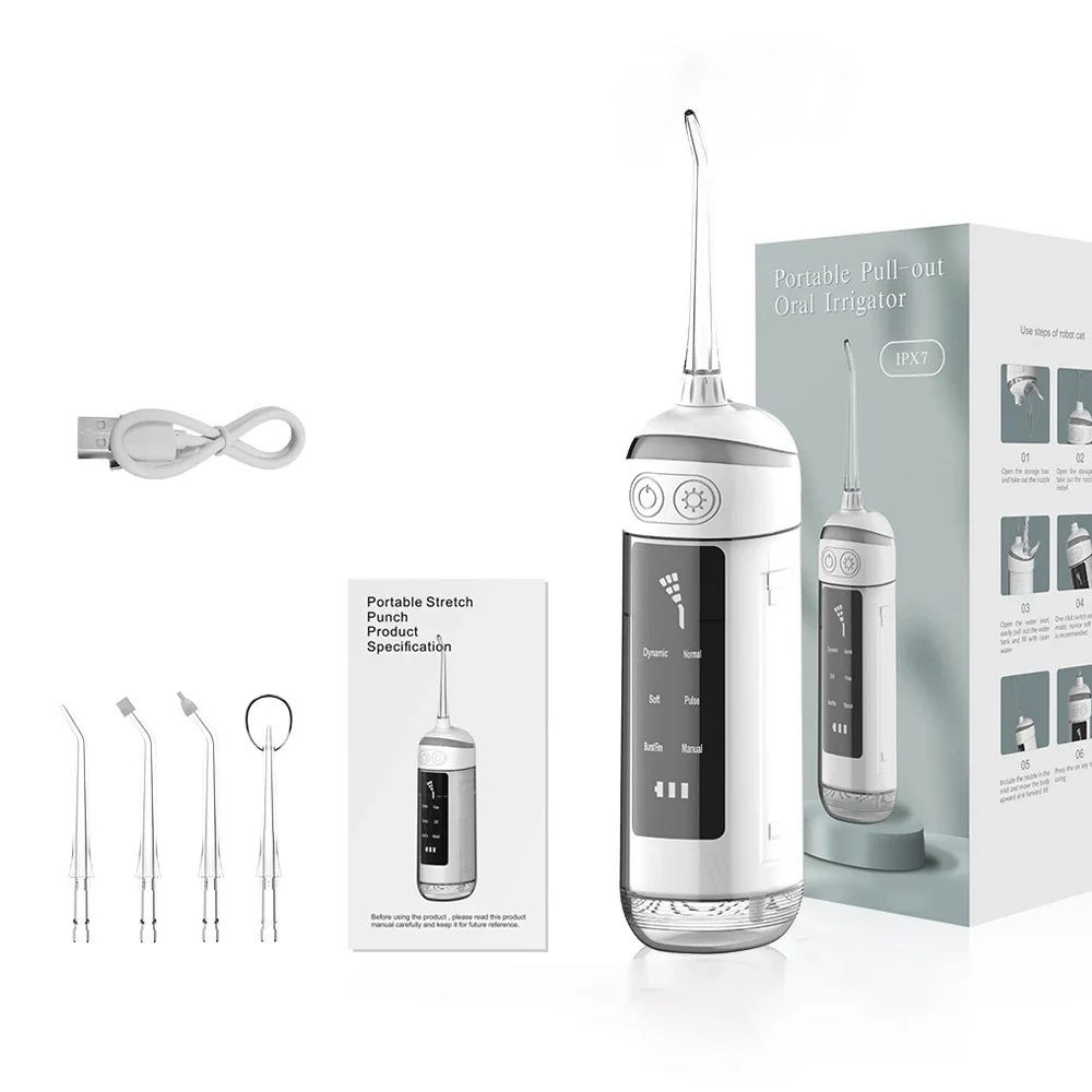 Portable Pull-out Oral Irrigator Dental Water Jet 6 Mode Water Flosser for Teeth Rechargeable 180ML Water Tank Waterproof 4 Tips