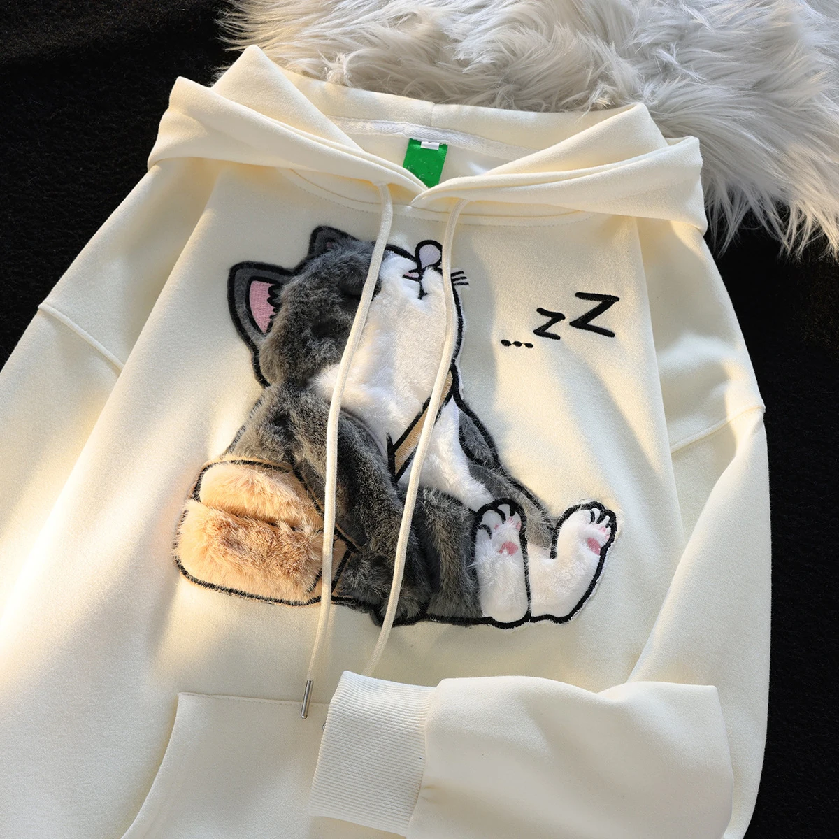 2024 Japanese Korean Retro Autumn Winter Embroidery Print Cat Pullover Cute Cartoon Hoodies Women Girl Couples Student Clothes