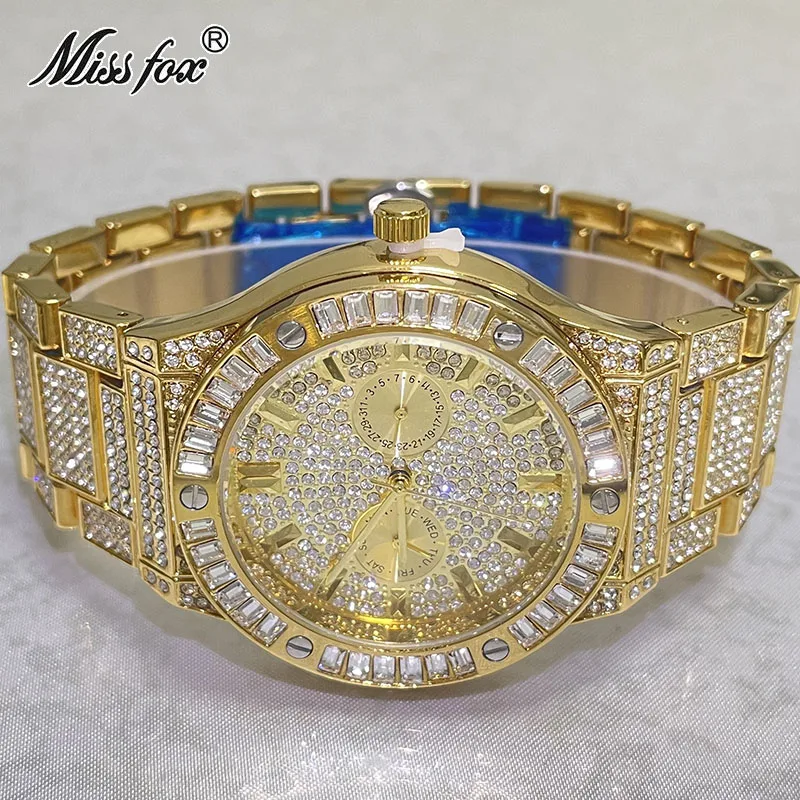 MISSFOX Luxury Watch For Mens Gold Calendar Steel Waterprof Clocks Iced Out Diamond Fashion Quartz Wristwatch Gift Free Shipping