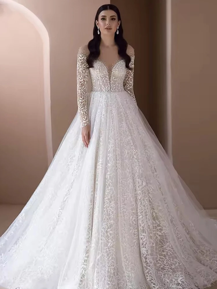 Abito da sposa elegante con perline in organza con ricamo Abito da ballo a trapezio O-Collo Abito da sposa a maniche lunghe Vestido De Novia personalizzato ﻿