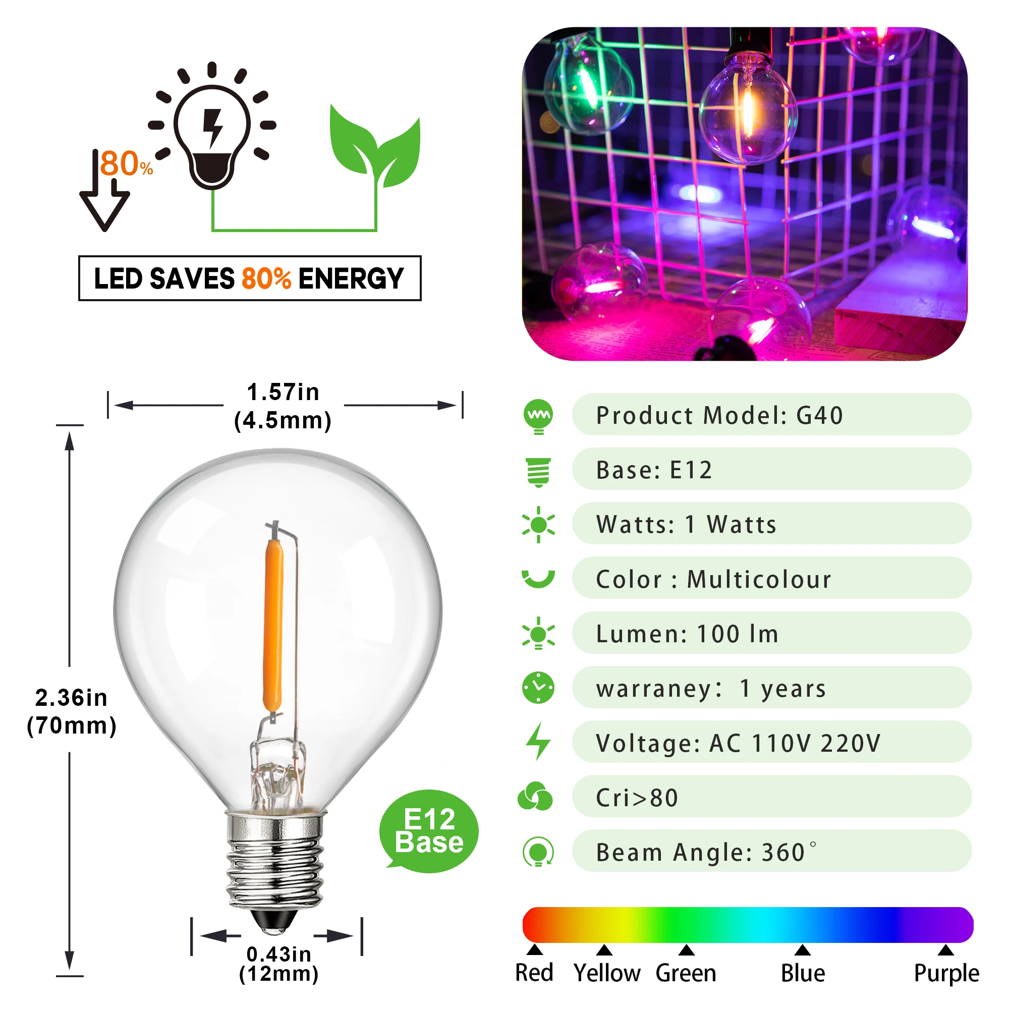 Cadena de bombillas Led de colores G40, guirnalda de calle impermeable, conectable, RGB, decoración de boda y Navidad, UE, 220V, EE. UU., 110V