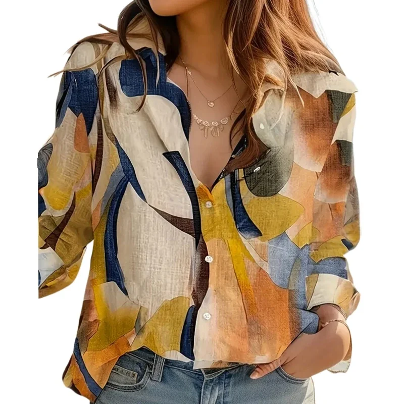 Plus Size 1XL-5XL Women Elegant Geometric Print Shirt  Ladies Casual Long Sleeves Summer V-Neck Blouse Shirt Tops