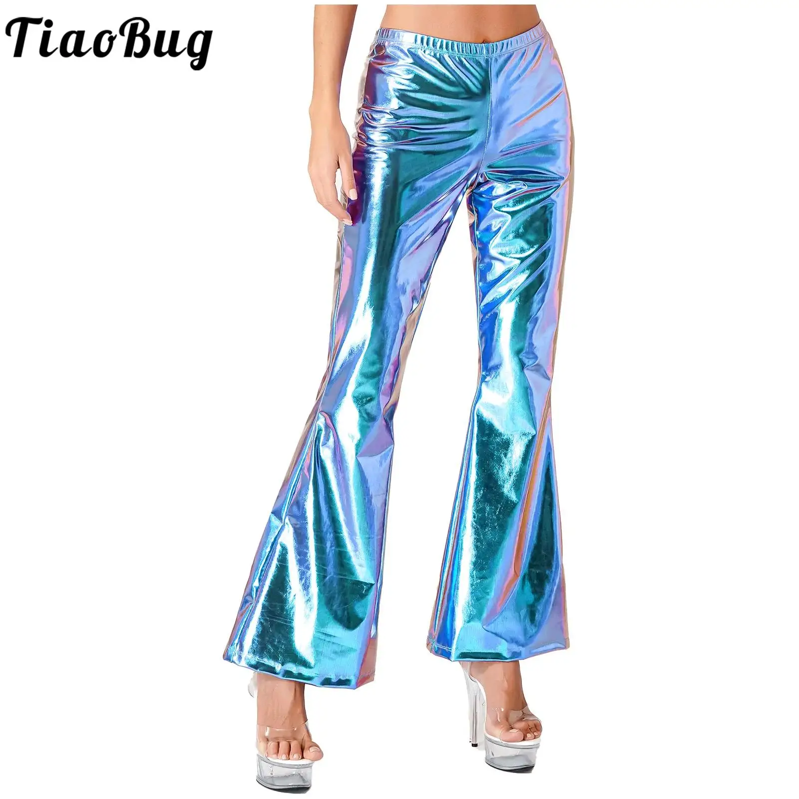 

Womens Metallic Shinny High Waist Long Pants Disco Dance Theme Party Clothes Wide Leg Bell Bottom Flared Pants Punk Trousers