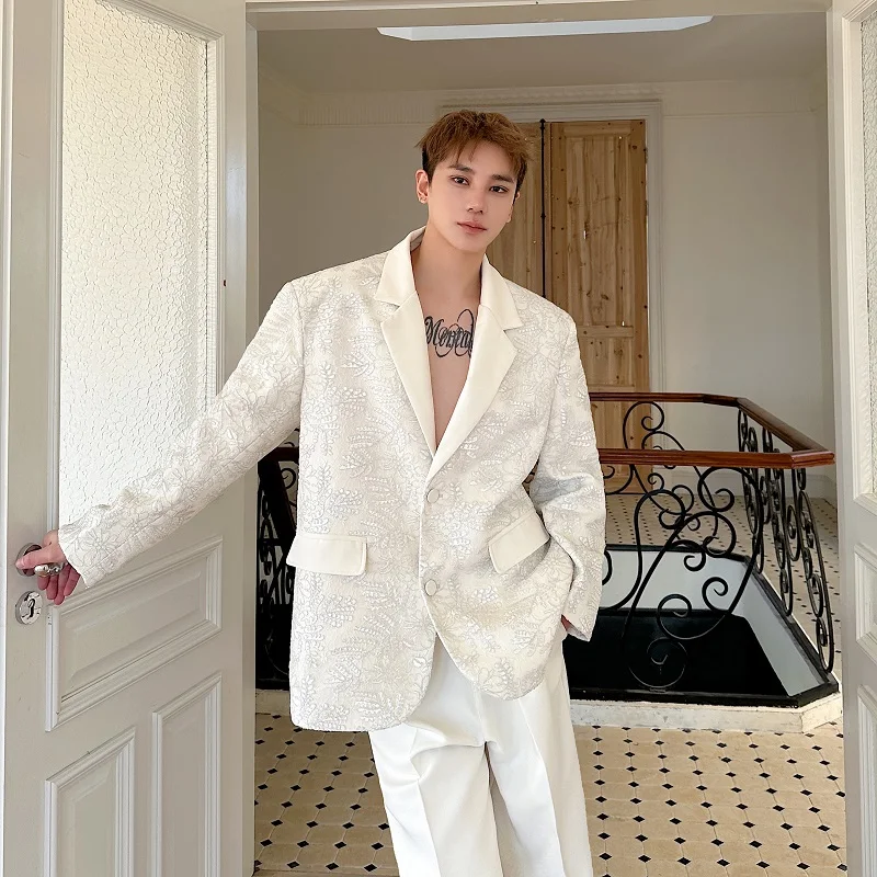 

Spring Summer 2025 Men's Embroidered 3D Relief Slim Fit Suit Casual Outerwear Faionable Turn-down Collar Western Sle Jaet