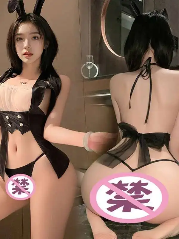 مثير موضة سبليت الشيفون المرقعة StrapHalter الظهر SuitCollar الأرنب موحدة مشبك معدني الديكور فستان أسود الساحرة QKDP