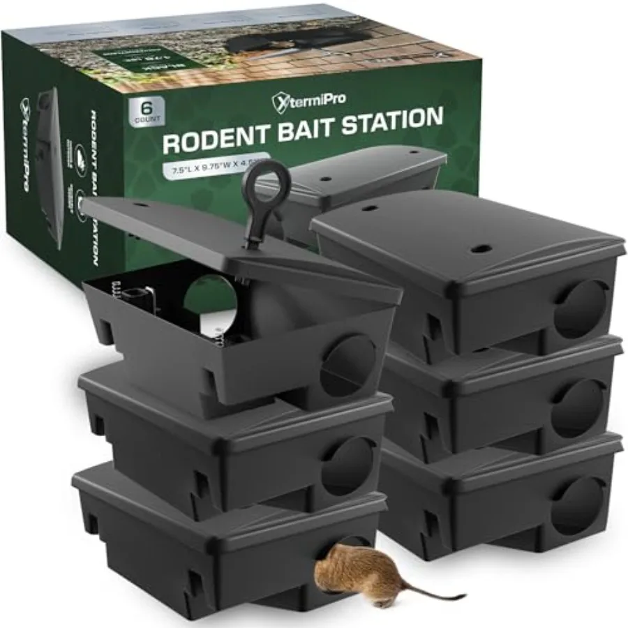 

Outdoor/indoor rat mouse bait station set 6-pack tamper-resistant plastic black pest control bait box for child and pet safety