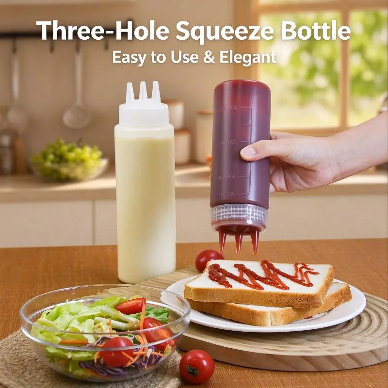 3-Hole Squeeze Condiment Dispenser 500ml Clear Measuring Mark Leak Proof Sauce Bottle for Home Kitchen Daily Use
