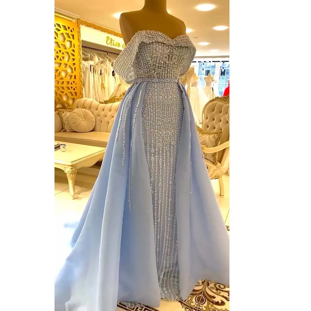 Elegant Sky Blue Pearl Evening Dress for Women 2024 Mermaid Off the Shoulder Detachable Train Formal Prom Wedding Party Gown