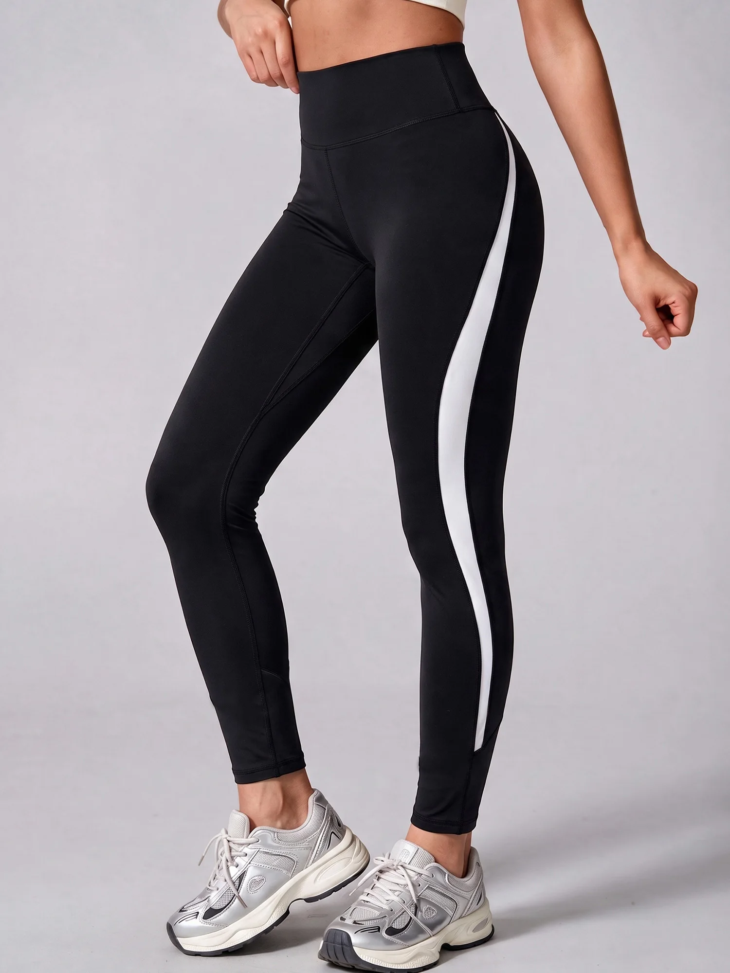 Y2K Spicy Women Leggings Black‑White Side Panel Patchwork High Waist Tummy Control Butt Lift Daily Wear Trousers