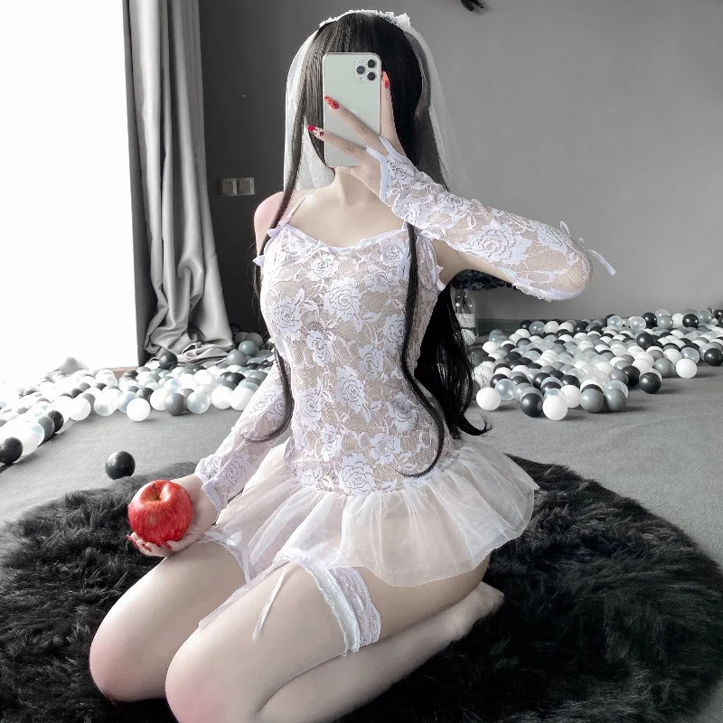 Erotic Lingerie Cosplay Bride Uniform Super Lace Mesh Wedding Dress Sheer Dress Couple Game Cosplay Costume Set FashionOutfits18