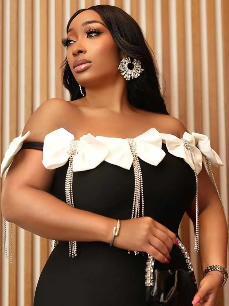 활 달린 여성용 이브닝 드레스, 섹시한 이브닝 드레스, 술 달린 작은 이브닝 웨어, 원피스 오프 숄더, 우아하고 긴 원피스 슬릿
