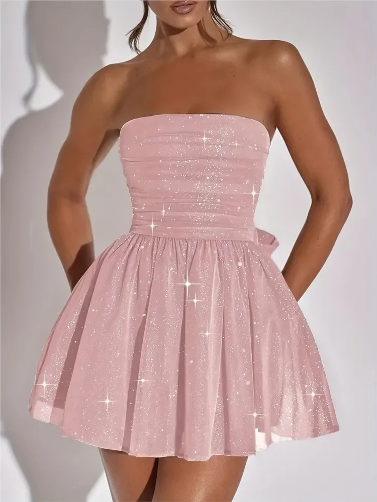 Sexy Elegant Bright Silk Shiny Strapless Fashion Dress Off Shoulder Breast Wrap Slim Mesh Female Mini Skinny Evening Dresses