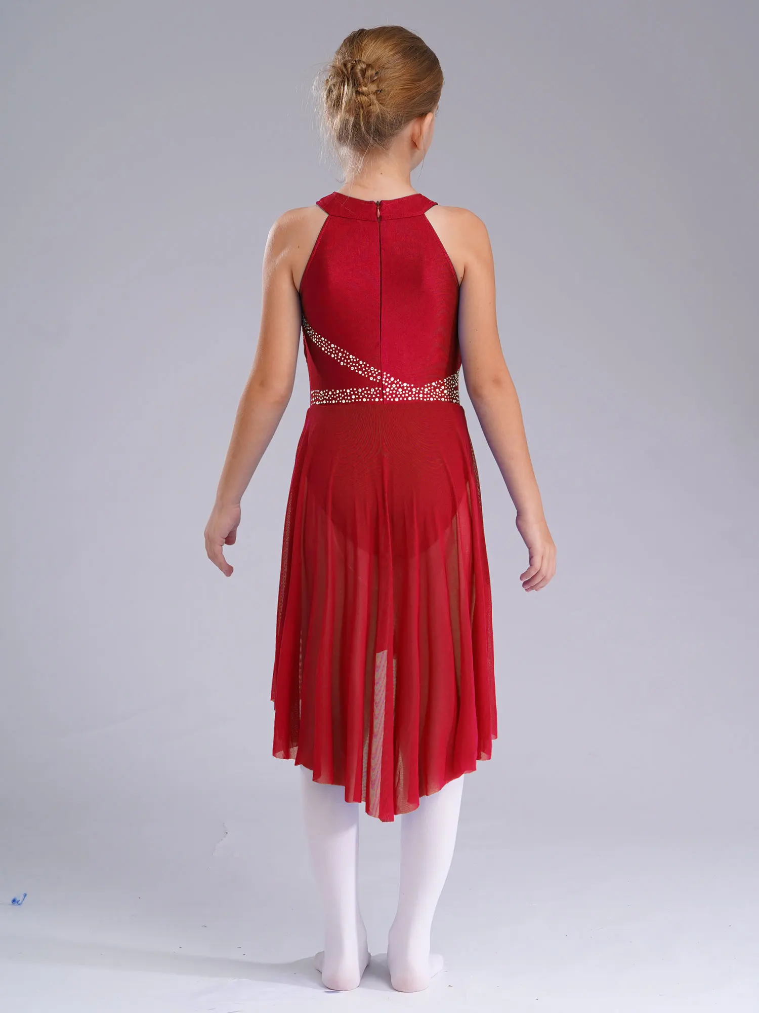 สาวโคลงสั้น ๆ บัลเล่ต์เต้นรําละตินเครื่องแต่งกายร่วมสมัยสมัยสมัยใหม่ Dancewear แขนกุดประกาย Rhinestone Ruched ชุดรัดรูป