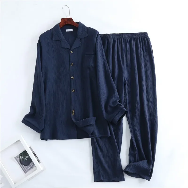 Spring New Products Men's Water Texture Crepe Gauze Suit Collar Pajamas Solid Color Button Home Set Qualities Mens Lounge Wear