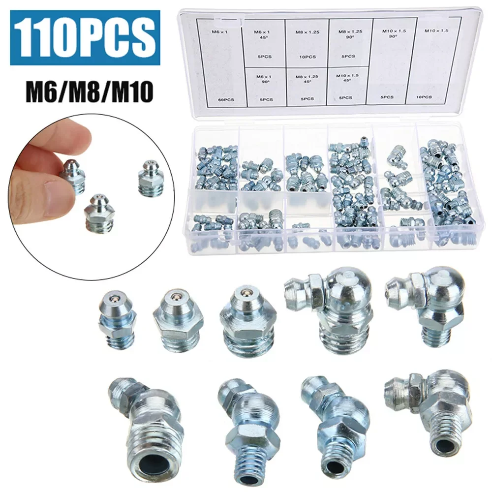 

10Pcs Grease Nipple Fittings Assortment Straight 45°/90°Angled M6 M8 M10 Galvanized Metal Grease Nipple for Motorcycle Truck