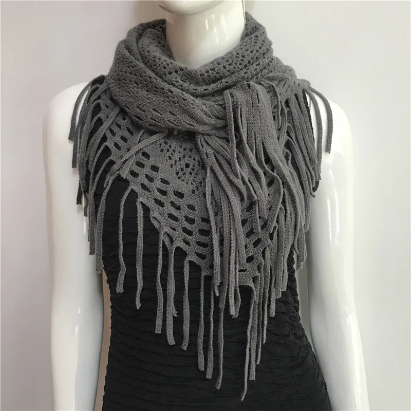 Womens Triangular Scarves Hollow Out Jacquard Small Necklaces Warm Ring Tassel Long Shawl Wraps Knitted Headscarf