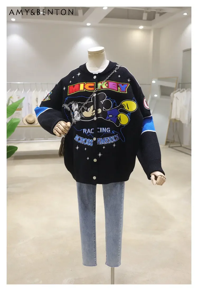 Potdemiel Heavy Industry Cartoon Embroidery Early Spring Loose Thickening Keep Warm Baseball Uniform Sweater Coat for Women