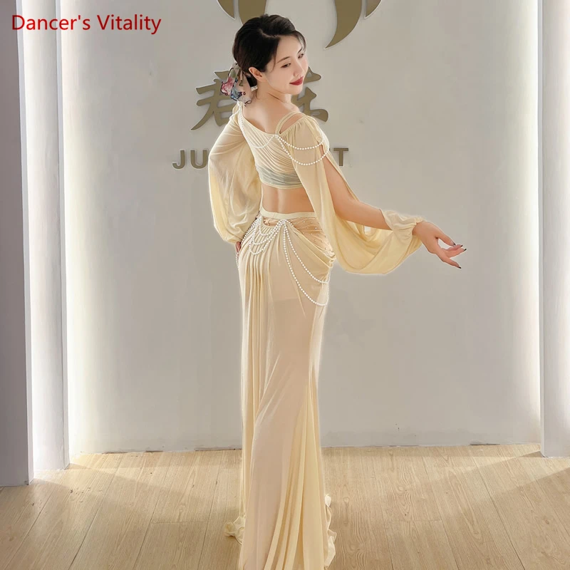 Belly Dance เสื้อผ้าสำหรับผู้หญิงตาข่ายไข่มุกด้านบน + กระโปรง2Pcs สาว Oriental เครื่องแต่งกายชุดหญิงฝึกสวมใส่เครื่องแต่งกาย