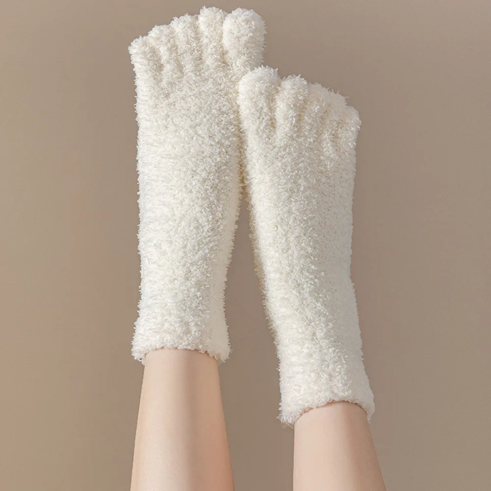 Warm Fuzzy Five Toe Sock Women\'s Winter Soft Fluffy Cozy Thick Thermal Coral Fleece Crew Sock Casual Home Daily Use Sleep Sox