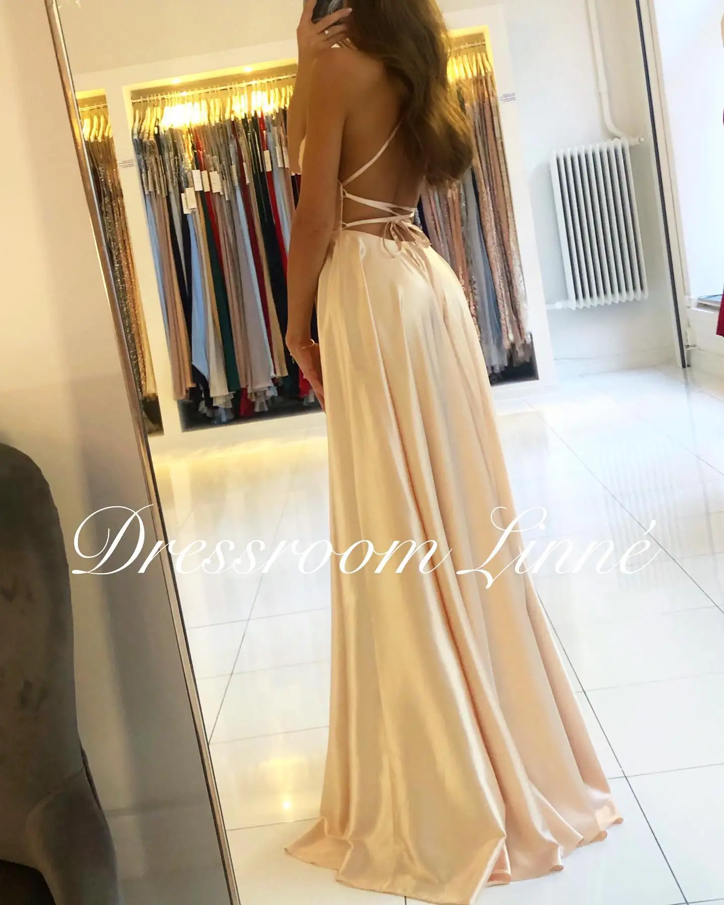 FATAPAESE Prom Dress Spandex satin Slit Side Dress A-LINE Scoop Stretch Slip Satin High Split Long Simple Evening Party