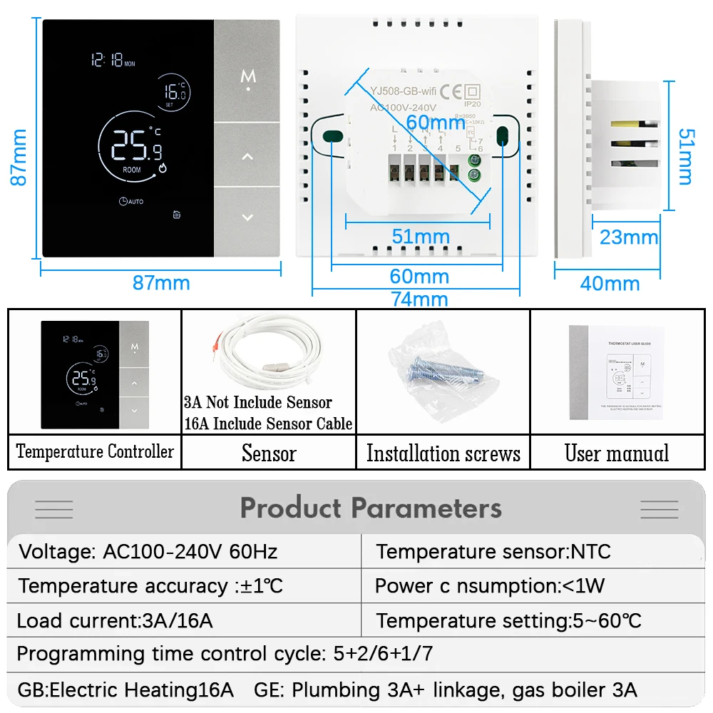 TUYA WiFi Thermostat Temperature Controller Water Electric Floor Heating TRV AC100V-240V 3A 16A Digital LCD Display Wall Mounted