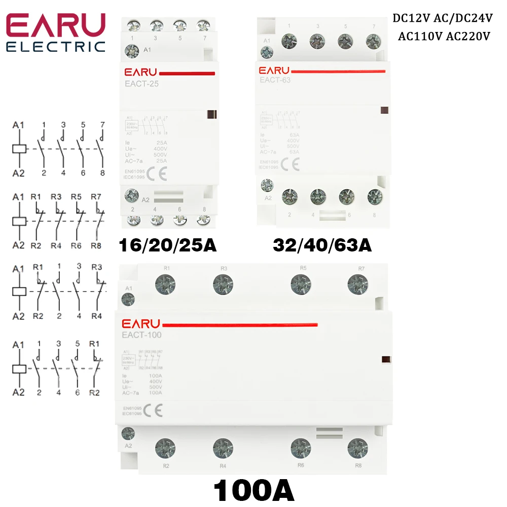 4P 16-100A AC/DC 24V 220V 50/60Hz Din Rail Household AC Modular Contactor Switch Controller 4NO 4NC 2NO 2NC DIY Smart Home Hotel