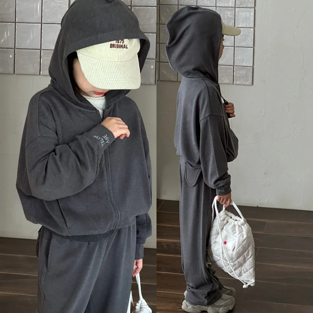 

Girls Suits 2024 Autumn and Winter New Childrens Clothes Girls Baby De Velvet Gray Hooded Sweatpants Casual Two-piece Set