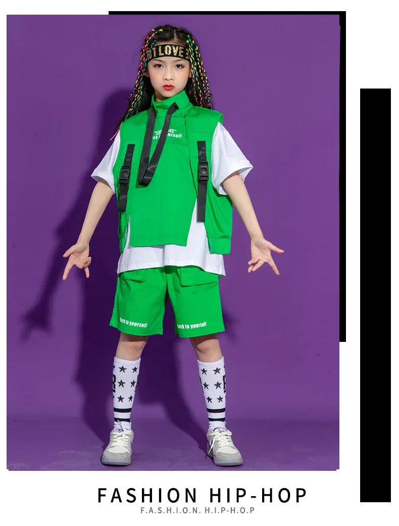 Kinder Hip-Hop-Kleidung, ärmelloses Jackenoberteil, T-Shirt, Streetwear, taktische Cargo-Jogginghose für Mädchen und Jungen, Tanzkostüm, Kleidung. – Detail 8