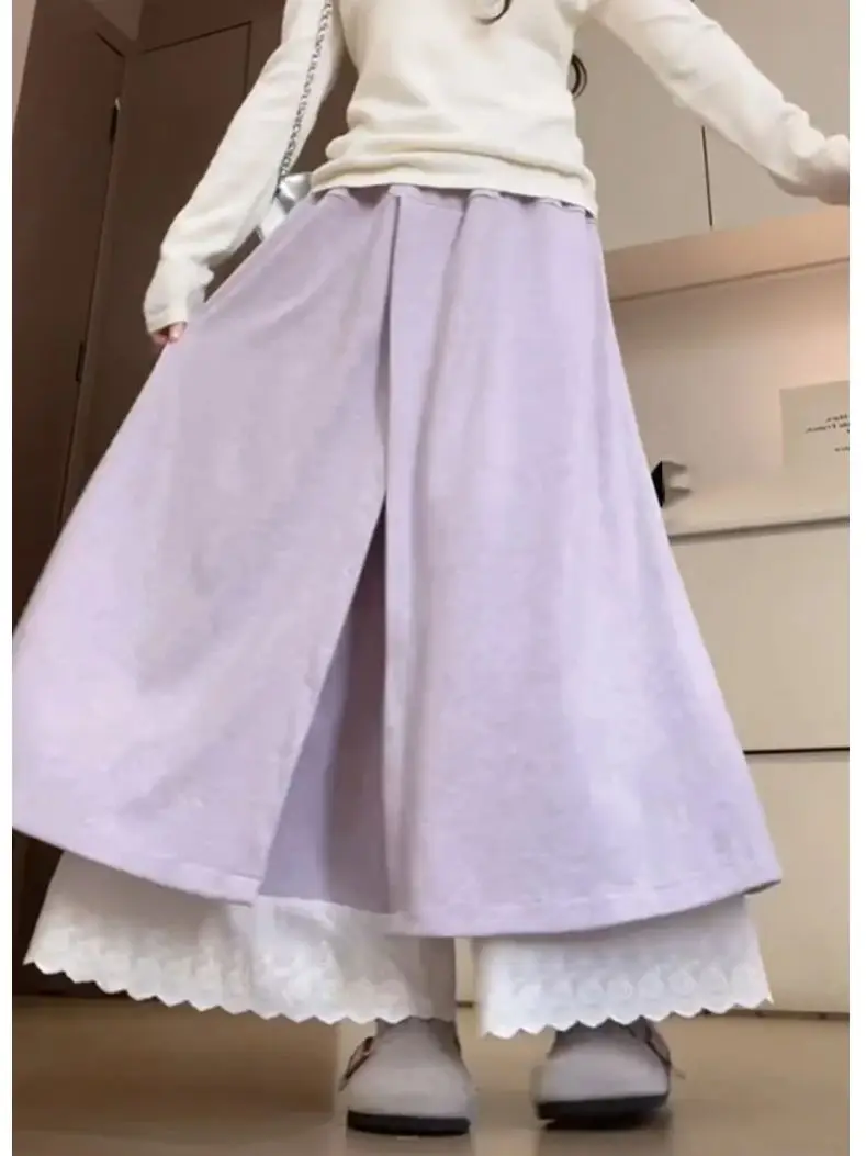 Pantaloni a gamba larga in pizzo tinta unita per donna Pantaloni gonna patchwork allentati a vita alta Pantaloni versatili primaverili autunnali alla moda