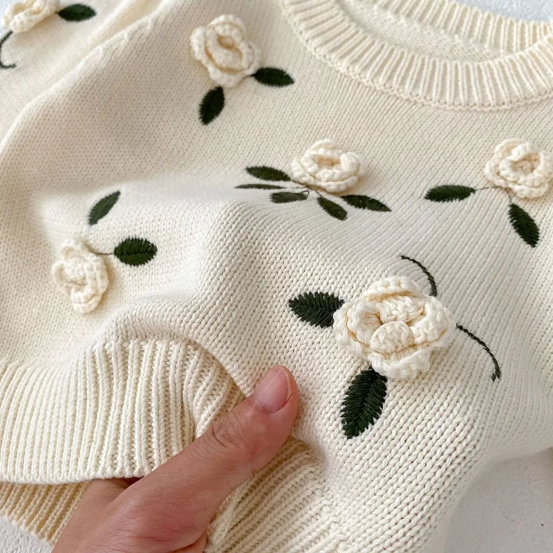 INS Baby Girl Sweater 0-3Years Newborn Princess Long Sleeve O-Neck 3D Flower Pullover Jumper Knitted Tops Spring Autumn Clothes