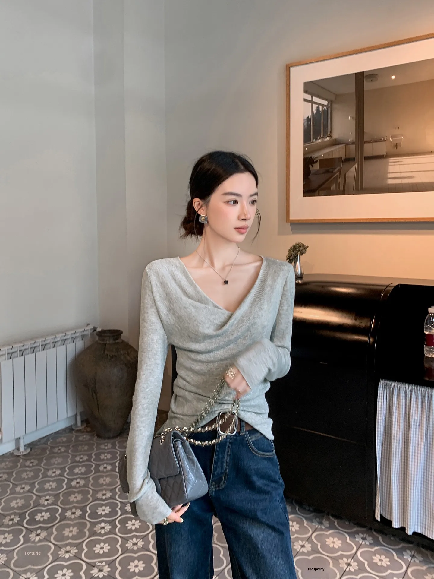 

Binguo Women's Light ey V-Ne Knitted Sweater Wool Blend Faionable Commute Sle Long Sve Regular Fit Premium Feeling