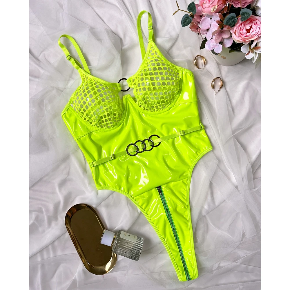 ملابس داخلية نسائية مثيرة مجوفة ، جلد صناعي ، حلقة دائرية تيدي ، حزام سباغيتي ، تصميم بسحاب ، بدلة جسم نسائية ، ملابس داخلية رومانسية ، ملابس داخلية