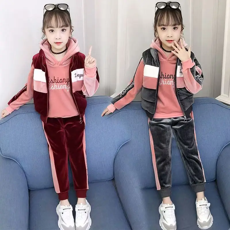 

2025 winter girls tracksuit Autumn Toddler Teenager Clothes velvet jacket vest + hooded + strip Pant Children Kids 10 11 12 year