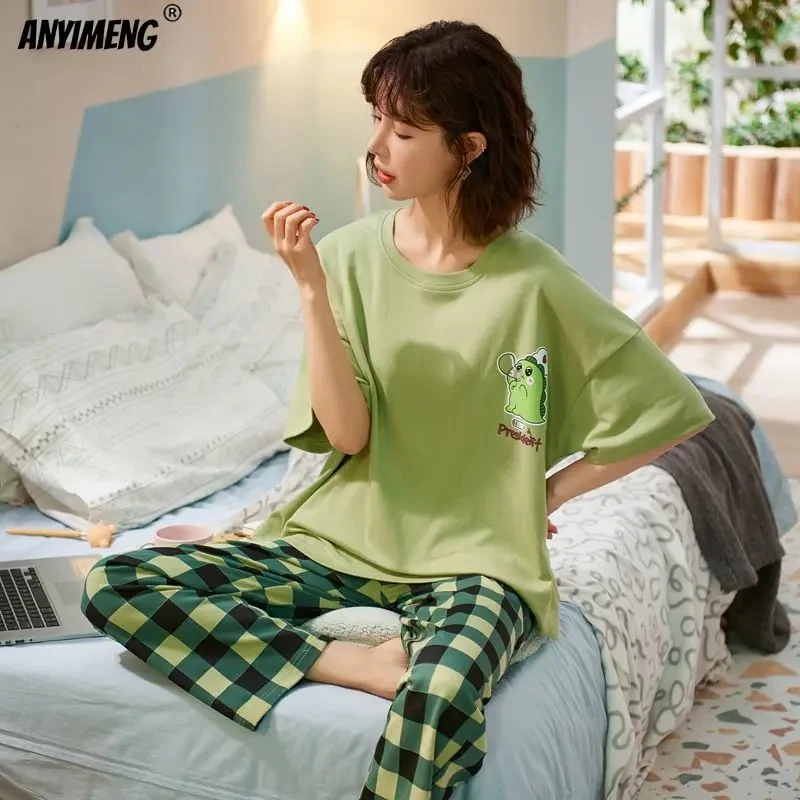 New Sleepwear Cartoon Cotton Pajamas for Women Long Pants Short Sleeved Summer Spring Loungewear  Fashion Home Clothing Homewear