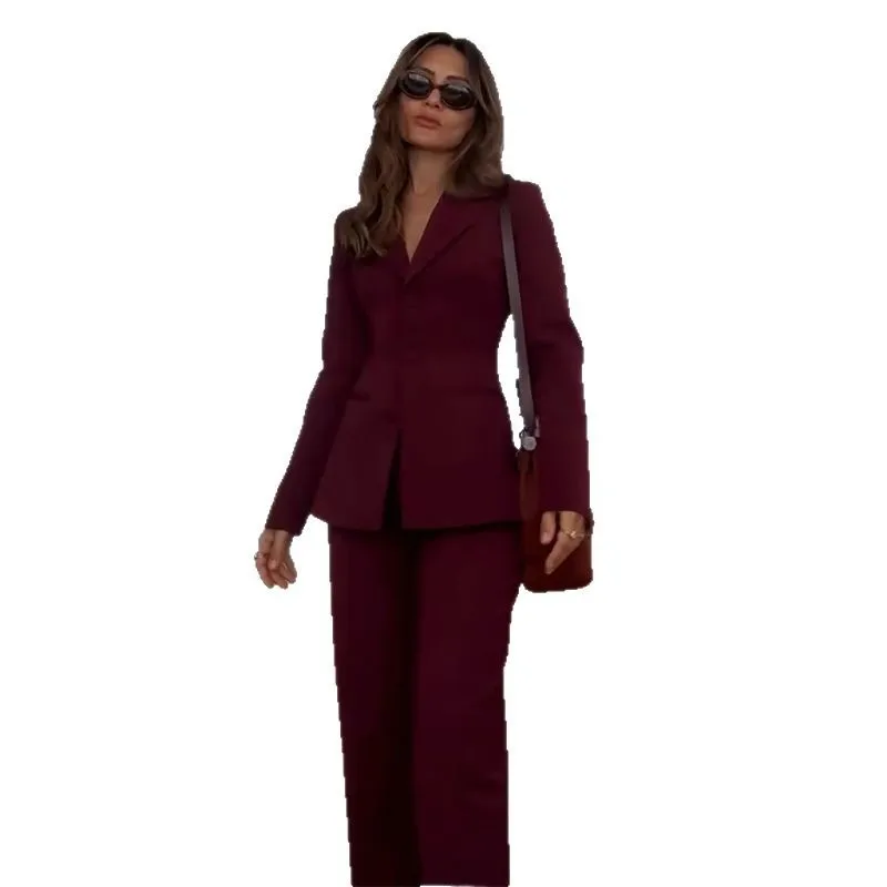 Amerikaanse nieuwe mode dames effen kleur casual trendy 2-delige sets pak met lange mouwen blazers wijde pijpen broek vrouwelijke kleding