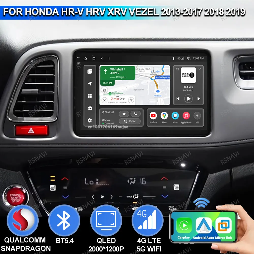 Car Radio Android 15 for Honda HR-V HRV XRV Vezel 2013 2014- 2018 2019 Snapdragon Qualcomm WIFI+4G DSP Carplay 9/10 Inch Stereo