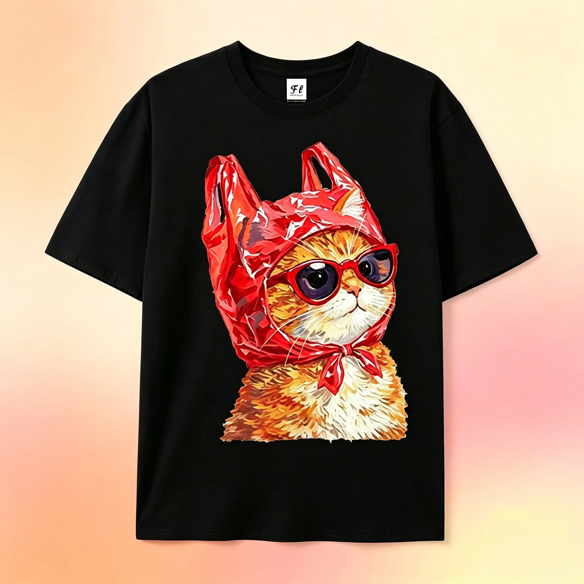 Funny Cat With Red Sunglasses Plastic Bag Headwear Graphic T‑Shirt Men Casual Short Sleeve Tee Streetwear Hip Hop Oversized T