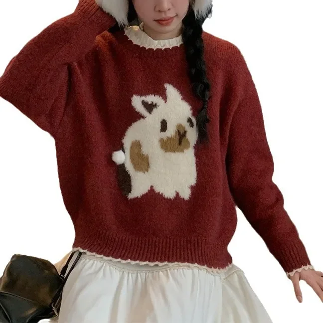 Wine red Christmas rabbit sweater for women, small stature, autumn/winter Japanese base knit, gentle top, New Year's clothing